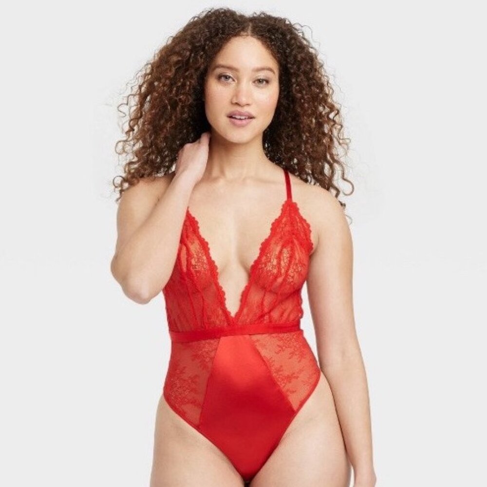 Women's Deep-V Unlined Lace Lingerie Bodysuit Red lace